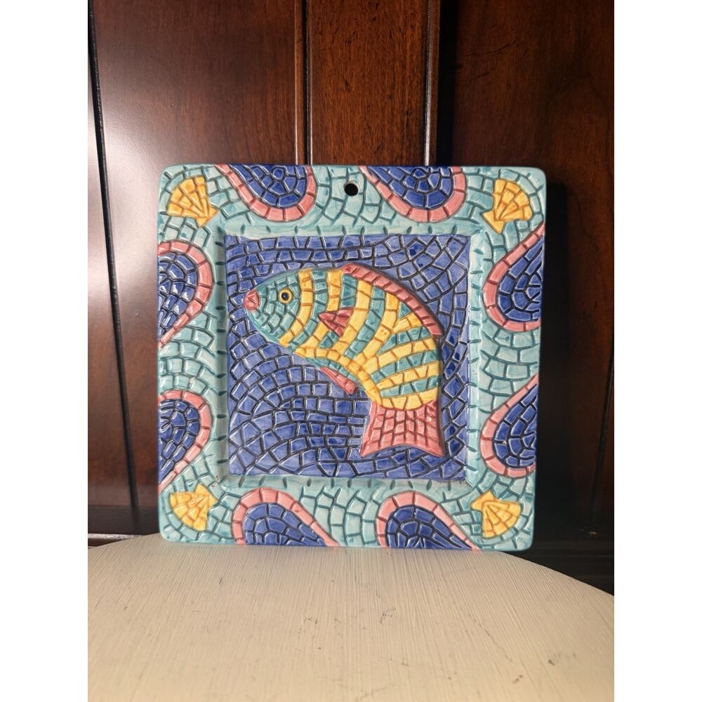 Clay Art 1995 Mosaic Fish Trivet Tile Wall Hanging Decor Kitchen Hand Painted